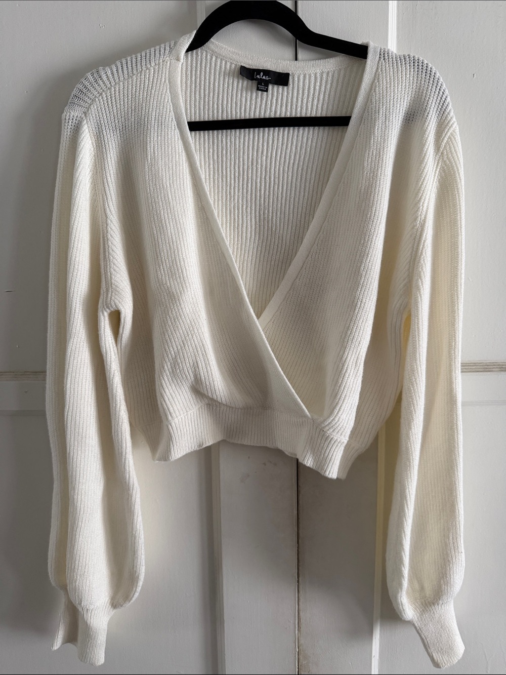 Lulu's Ivory Cropped Wrap Rib-Knit V-Neck Sweater